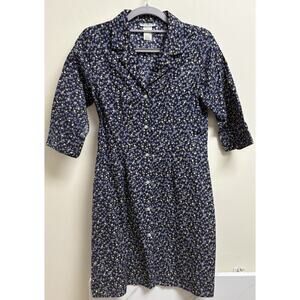 Vtg 90s Wit & Wisdom Women’s M Floral Button Front Dress Navy Cotton USA